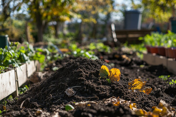 Community compost pile surrounded by flourishing garden beds and autumn foliage