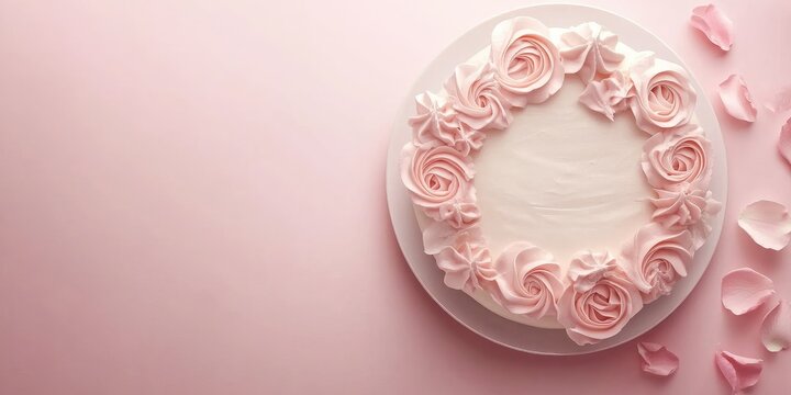Delicate pink wedding cake embellished with fondant roses on a soft pastel background featuring empty space for elegant text overlay