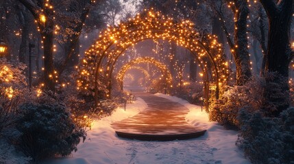 Enchanted Winter Walkway: A Magical Snowy Path Adorned with Twinkling Lights