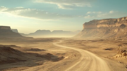 Winding dirt road in desert terrain with distant mountains under a blue sky
