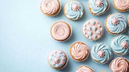 Pastel Frosted Cupcakes Arranged on Light Blue Background with Soft Pink and Blue Decoration Elements