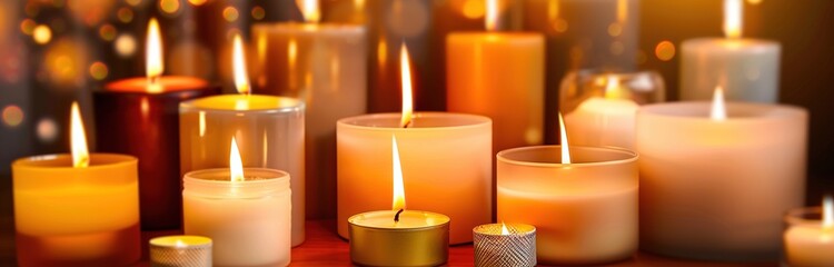High-resolution photo of numerous burning candles in the background with vibrant yellow and orange hues, creating a warm and inviting atmosphere with soft focus and blurred background, showcasing larg
