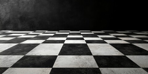 Naklejka premium Elegant monochrome checkerboard floor texture with rich black background and ample negative space for design elements and text.