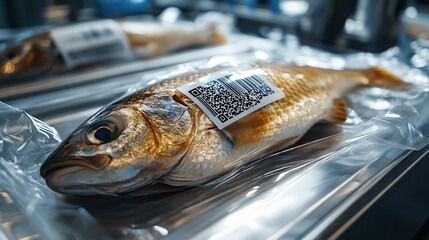 Vacuum-sealed fish with QR code label on a metallic surface, representing food safety, traceability, and innovative packaging technology in the food industry.