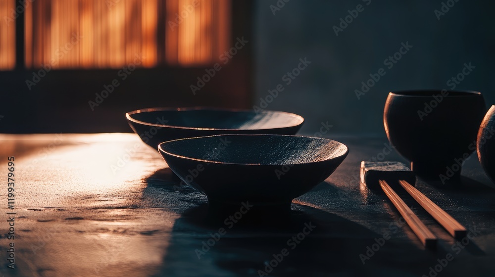 Poster sushi platters in soft natural light with empty space for text on wooden table