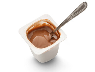 Open yogurt in pot with metal spoon