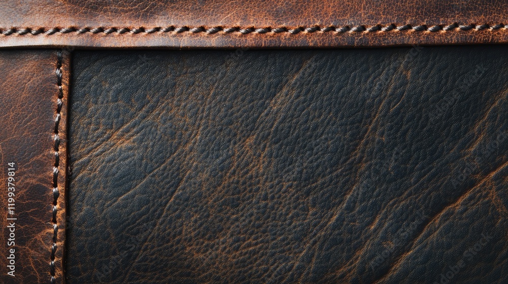Poster detailed close-up view of textured dark brown leather surface with intricate stitching and empty spa