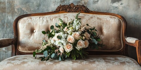 Elegant bridal bouquet featuring soft blush roses and greenery arranged on ornate vintage furniture with textured gray wall background and ample copy space.