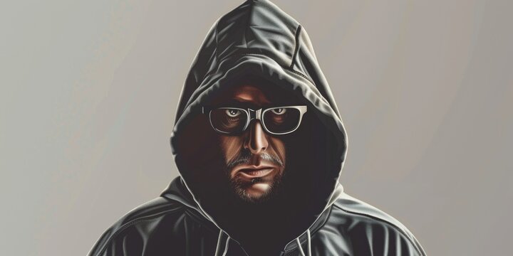 A man with glasses and a hoodie, exuding an air of mystery. His contemplative pose adds an element of suspense to this urban portrait.