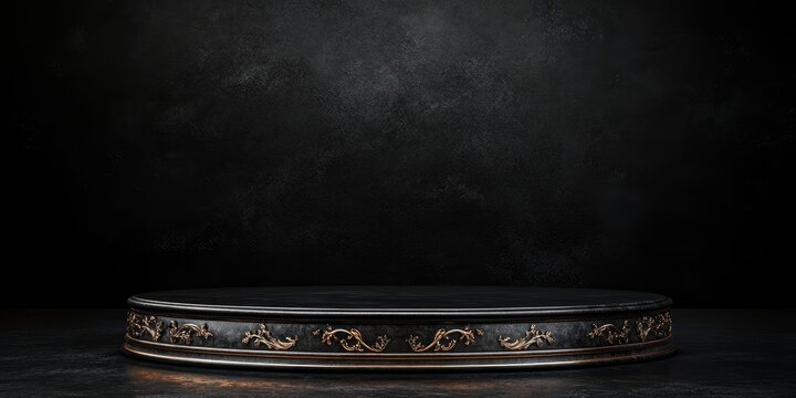 Sophisticated black podium with ornate gold details on dark textured background providing high contrast and ample space for text and design elements