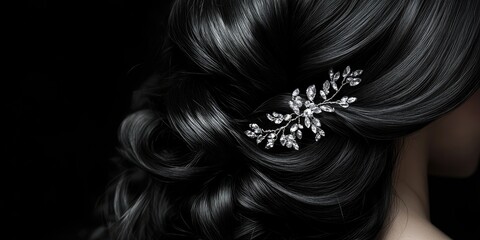 Luxurious dark bridal hairstyle adorned with sparkling silver accessories on a softly curled background with elegant copy space in black tones