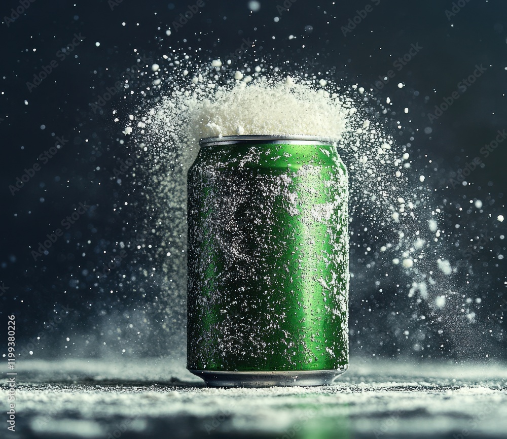 Poster dynamic action of a green beverage can surrounded by exploding powder in a dark, dramatic environmen