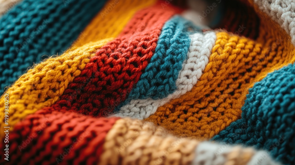 Aufkleber colorful knitted sweater texture close up in orange blue yellow and green with soft fibers and empty