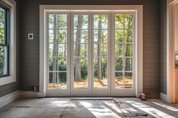 Bright natural light floods cozy home with french doors modern interior serene forest view tranquil atmosphere