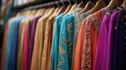 Traditional Indian saris and garments showcased in a store, featuring intricate embroidery, vibrant colors, and elegant designs.