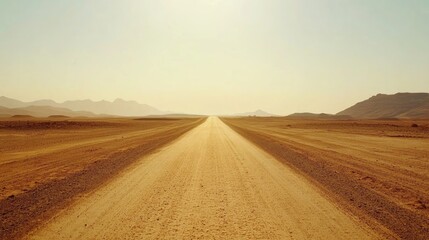 Naklejka premium Desolate dirt road extending toward distant mountains under a clear blue sky.