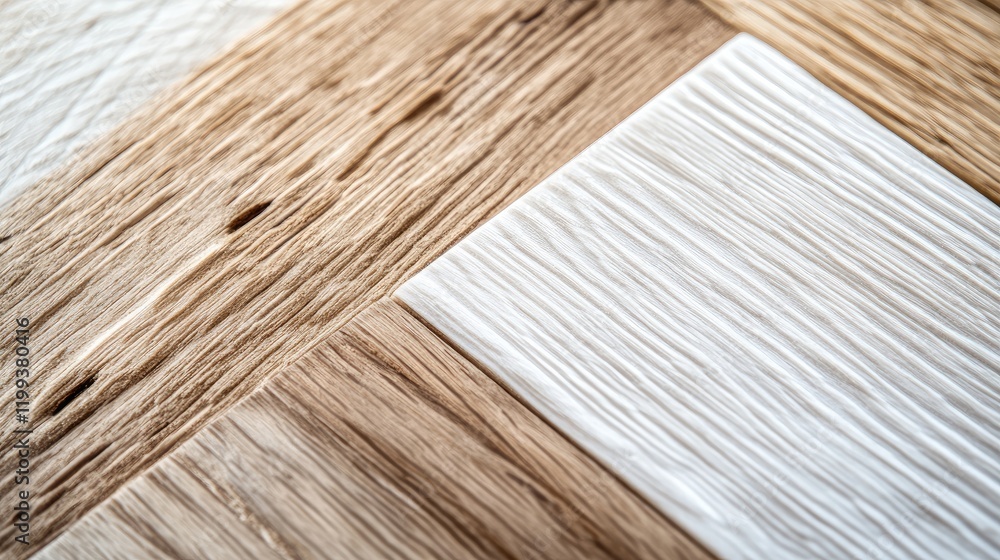 Poster close up of textured oak and white wooden surfaces with alternating patterns and empty space for tex