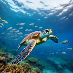Obraz premium 美しい海の中を魚の群れと一緒に泳ぐ海亀（A sea turtle swimming with a school of fish in the beautiful ocean） 