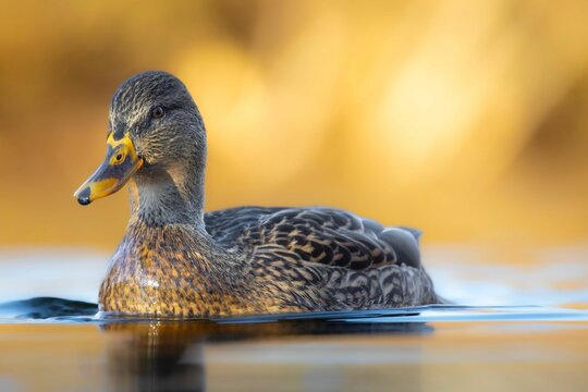 Female mallard duck swimming in calm water with a golden blurred background - Powered by Adobe