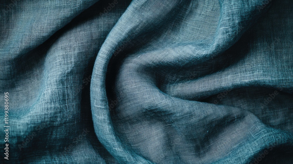 Poster detailed view of crumpled dark blue linen fabric, highlighting texture with ample negative space for