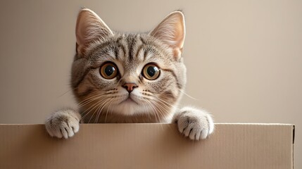 British Shorthair cat peeks from cardboard box with expressive eyes and tabby markings. Professional pet portrait captures adorable facial expression against beige neutral background.