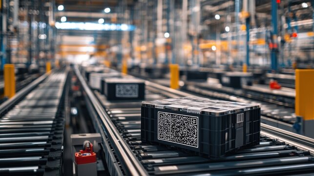 An intricate network of conveyor belts with small QR codes attached to crates capturing the essence of automated tracking in motion. - Powered by Adobe