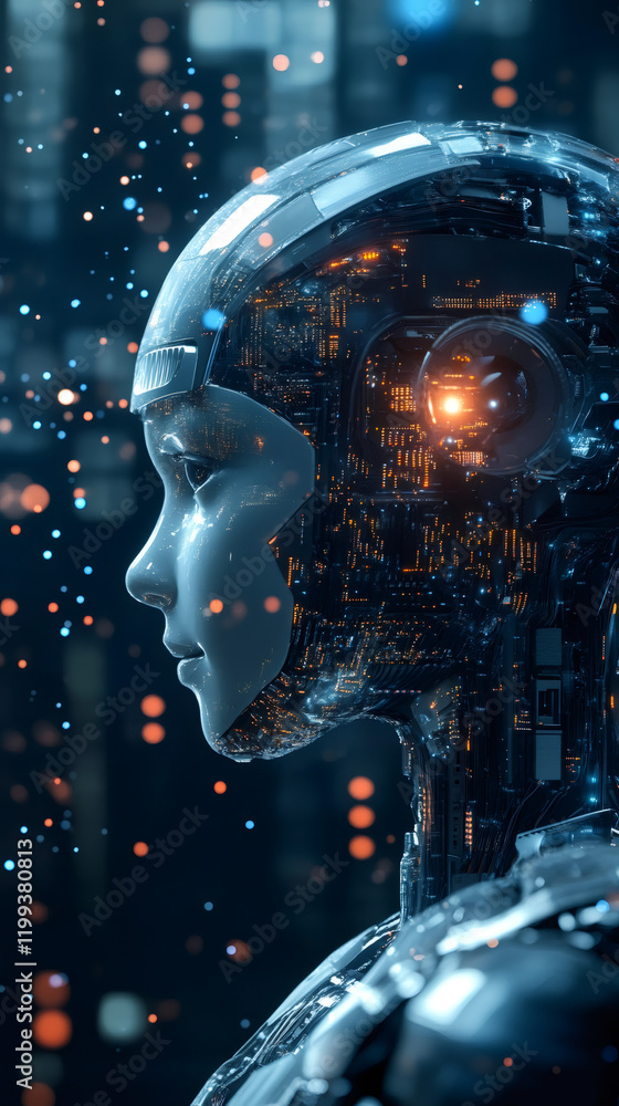 Leinwandbilder robotic humanoid analyzing digital information within luminous high-tech environment