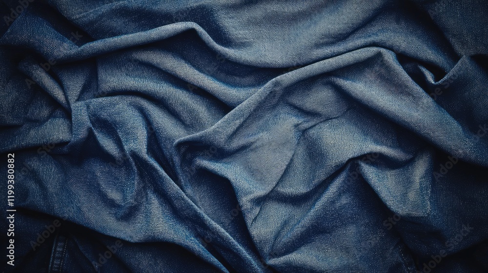 Poster detailed view of deep blue vintage denim fabric with soft folds, providing empty space for text plac