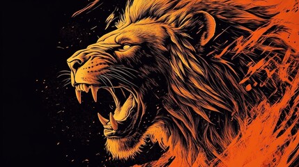 A roaring lion, in the style of vector art, with an orange and black color palette