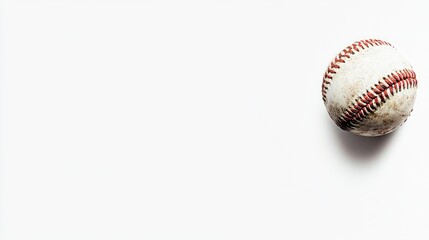 Isolated weathered baseball photographed from a close-up top angle on a clean white background with ample negative space for text insertion