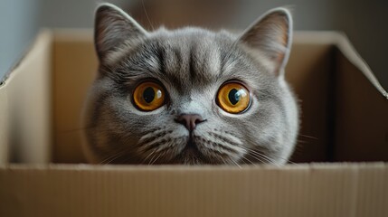 British Shorthair cat peeks from cardboard box with expressive eyes and tabby markings. Professional pet portrait captures adorable facial expression against beige neutral background.