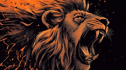 A roaring lion, in the style of vector art, with an orange and black color palette