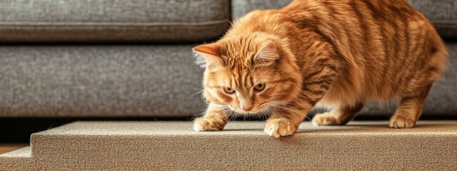 Senior orange tabby cat ascending textured ramp towards gray sofa in modern living room with empty area for text and pet care promotion.