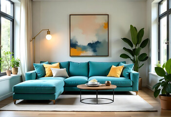 A modern living room with a large teal blue sectional sofa, gold pendant lights, and a framed abstract artwork on the wall