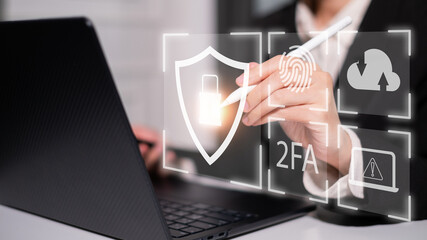 Naklejka premium Cybersecurity shield lock fingerprint 2FA cloud data icon cyberspace protection concept