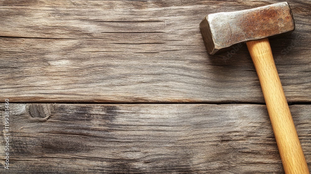Poster closeup of a seasoned carpenter gripping a rustic wooden hammer on aged timber surface showcasing sk