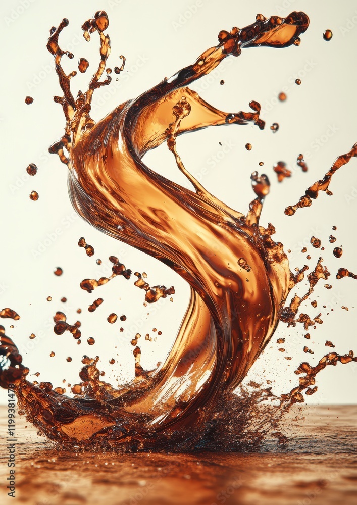 Poster dynamic swirling splash of brown liquid captured in motion with captivating droplets and splashes on