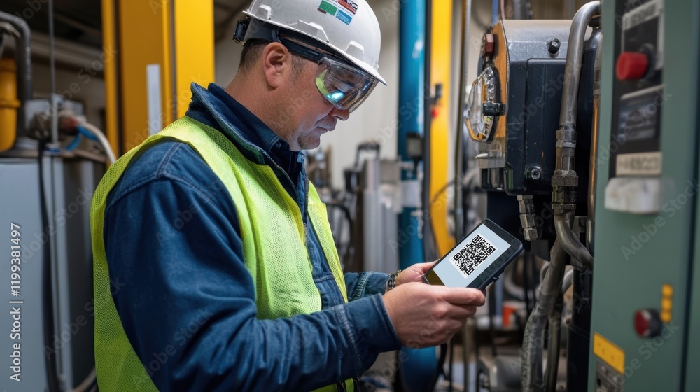 Poster a technician scanning a qr code on a machine with ar glasses receiving digital safety training speci