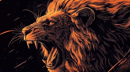 A roaring lion, in the style of vector art, with an orange and black color palette