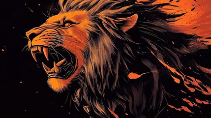 A roaring lion, in the style of vector art, with an orange and black color palette