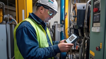 A technician scanning a QR code on a machine with AR glasses receiving digital safety training specific to the equipment and ensuring adherence to best practices.