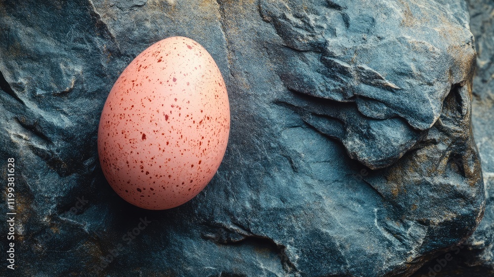 Poster artistic pink speckled egg positioned on a textured dark slate surface with empty space for insertio