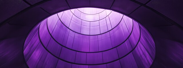 Naklejka premium Interior view of a purple dome structure with light filtering through, featuring circular patterns and ample empty space for text, angled shot.