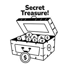Secret treasure box with coins, glyph sticker 