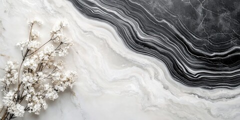 Obraz premium Sophisticated black and white marble texture featuring intricate lines and soft floral accents in the lower corner, ideal for elegant design spaces.