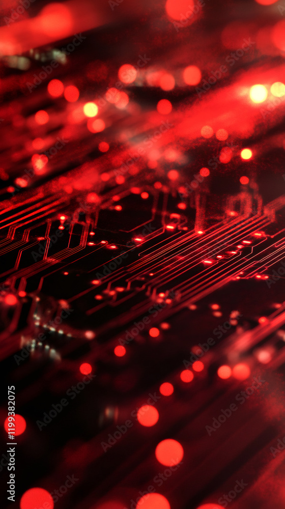 Poster red light flowing through electronic circuit on printed circuit board, representing data transmissio