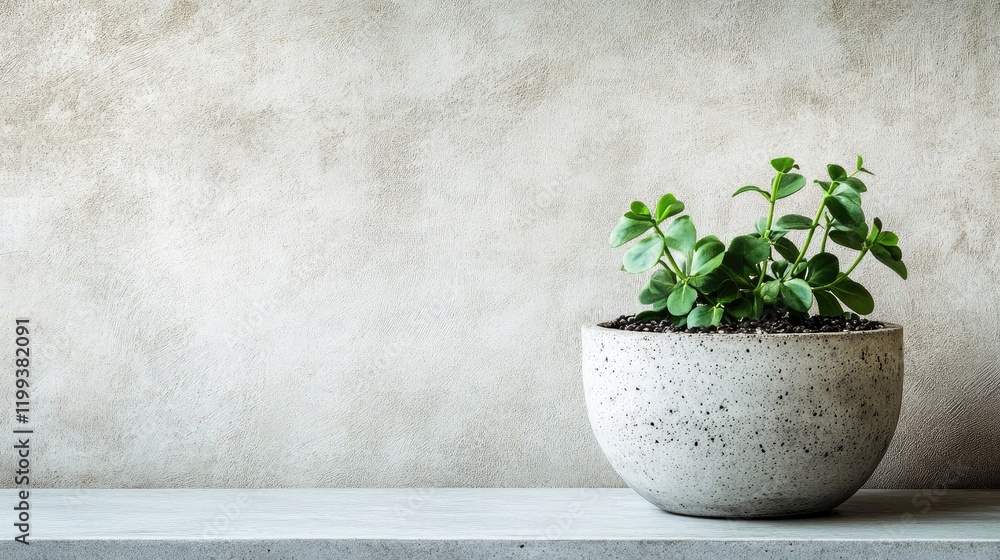 Poster minimalist closeup of a textured gray concrete flowerpot with vibrant green succulent on a neutral b