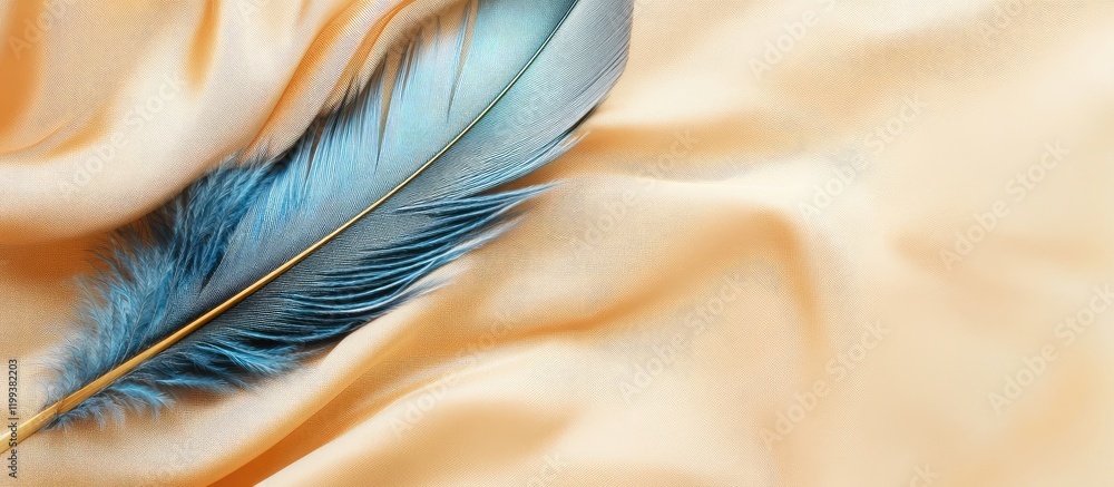Poster soft blue and gold feather resting on luxurious beige satin fabric background creating an elegant sp