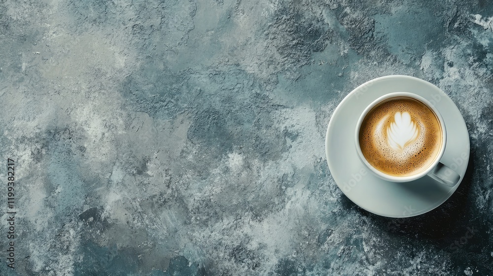 Poster elegant cup of coffee with creamy milk foam on light blue saucer placed on textured dark gray surfac
