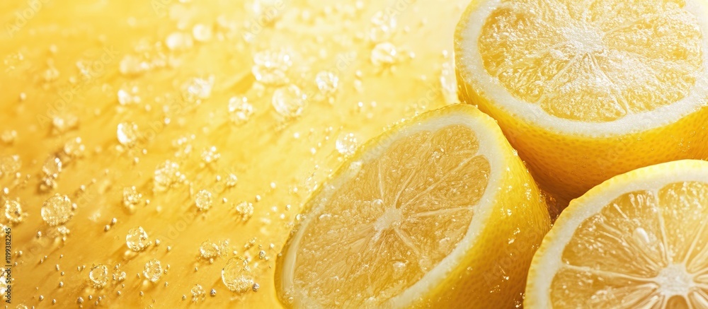 Poster fresh lemon slices on vibrant yellow backdrop with bright droplets creating a refreshing atmosphere 